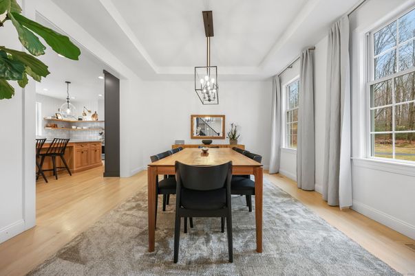 Dining room, Interior, Pendant Lights, Wood Texture Flooring
