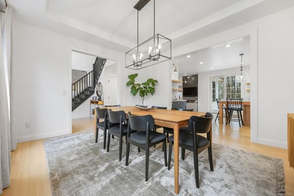 Chandelier, Dining room, Interior, Pendant Lights, Recessed Lighting, Wood Texture Flooring