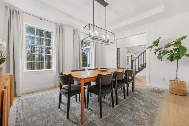 Chandelier, Dining room, Interior, Pendant Lights, Wood Texture Flooring