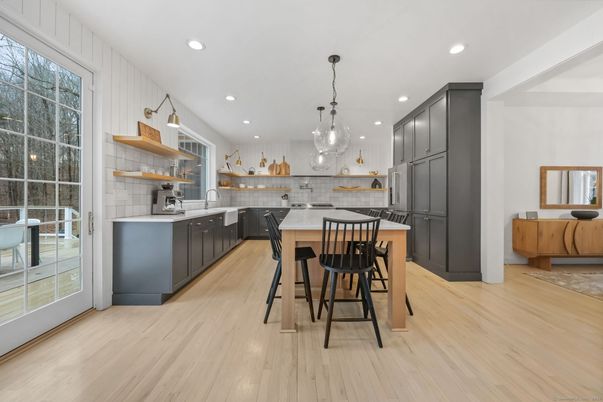 Interior, Kitchen, Pendant Lights, Recessed Lighting, Wood Texture Flooring