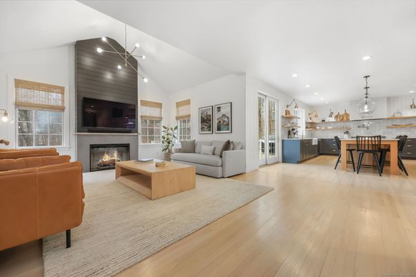Dining room, Fireplace, Interior, Kitchen, Living room, Pendant Lights, Recessed Lighting, Wood Texture Flooring