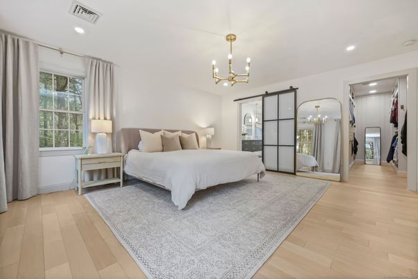 Bedroom, Chandelier, Interior, Pendant Lights, Recessed Lighting, Wood Texture Flooring