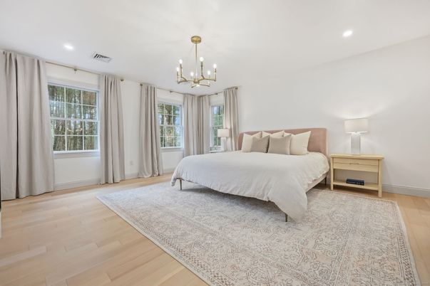 Bedroom, Chandelier, Interior, Recessed Lighting, Wood Texture Flooring