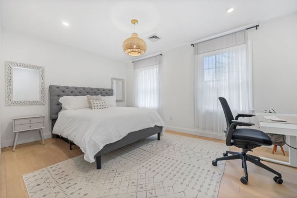 Bedroom, Home Office, Interior, Pendant Lights, Recessed Lighting, Wood Texture Flooring