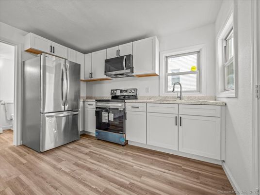 Interior, Kitchen, Stainless Steel Appliances, Wood Texture Flooring