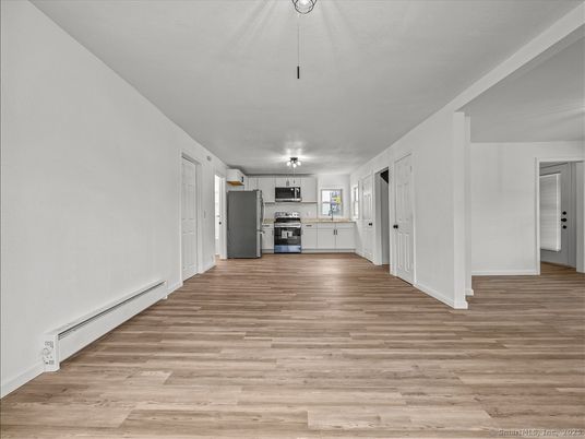 Empty room, Interior, Kitchen, Stainless Steel Appliances, Wood Texture Flooring