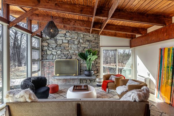 Fireplace, Interior, Living room, Pendant Lights, Stone Walls, Wooden Beams, Wooden Ceilings