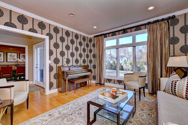 Interior, Living room, Piano, Recessed Lighting, Wood Texture Flooring