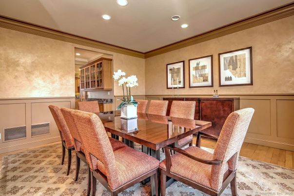 Dining room, Interior, Recessed Lighting, Wood Texture Flooring