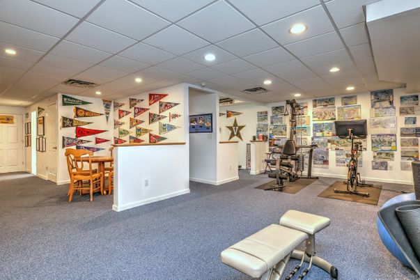 Dining room, Fitness Equipment, Interior, Recessed Lighting, Stone Walls