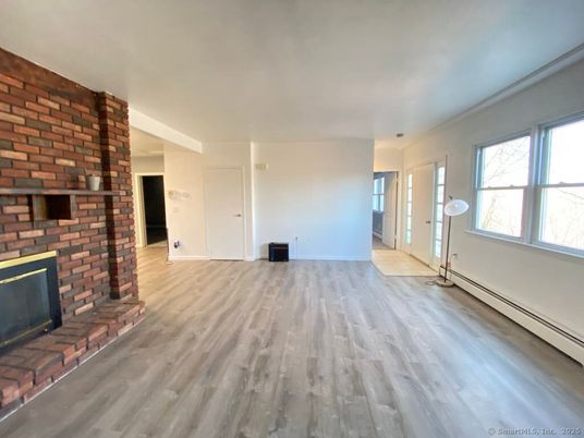 Empty room, Fireplace, Interior, Stone Walls, Wood Texture Flooring