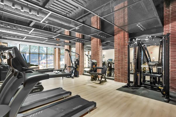 Fitness Equipment, Gym, Interior, Stone Walls, Wood Texture Flooring