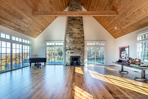 Fireplace, Interior, Piano, Recessed Lighting, Stone Walls, Wooden Beams, Wooden Ceilings, Wood Texture Flooring