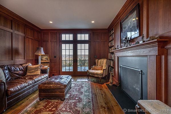 Fireplace, Interior, Living room, Recessed Lighting, Wood Texture Flooring, Wooden Walls