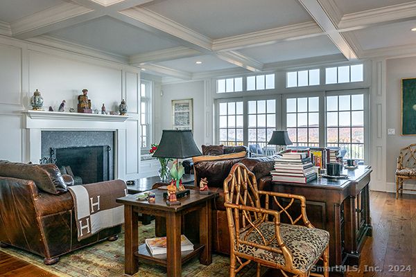 Fireplace, Interior, Living room, Recessed Lighting, Wood Texture Flooring