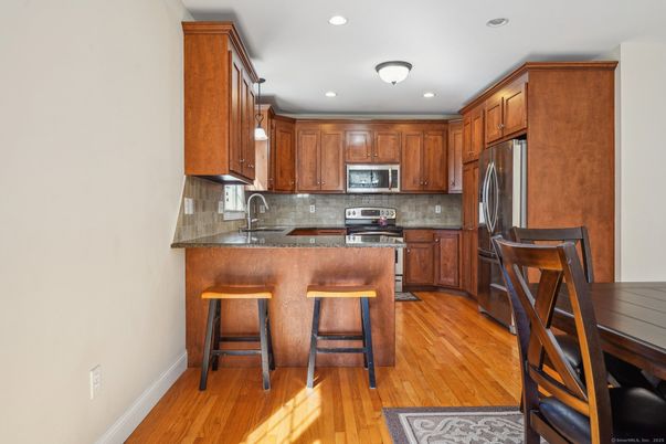 Interior, Kitchen, Recessed Lighting, Stainless Steel Appliances, Wood Texture Flooring