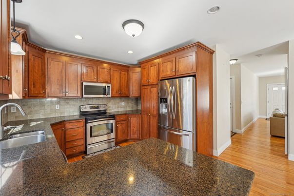 Interior, Kitchen, Recessed Lighting, Stainless Steel Appliances, Wood Texture Flooring