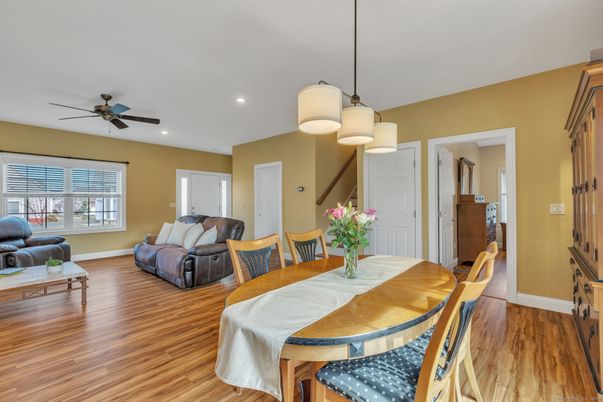 Dining room, Interior, Living room, Pendant Lights, Recessed Lighting, Wood Texture Flooring