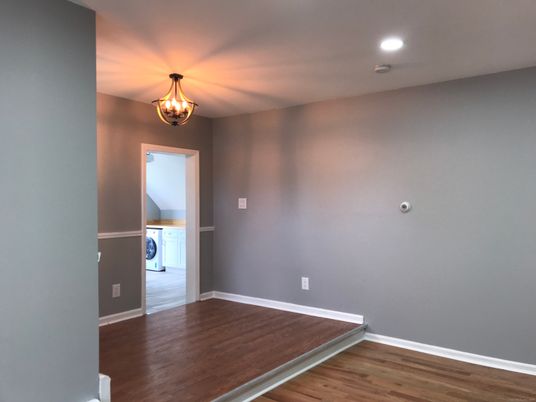 Chandelier, Empty room, Interior, Recessed Lighting, Washer, Wood Texture Flooring