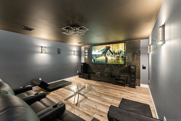 Home Theatre Room, Fireplace, Interior, Wood Texture Flooring