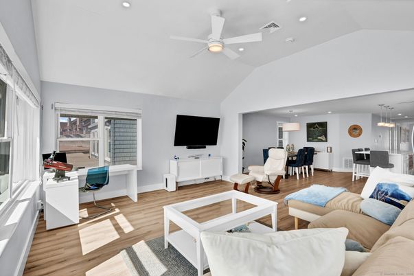 Dining room, Interior, Living room, Pendant Lights, Recessed Lighting, Wood Texture Flooring