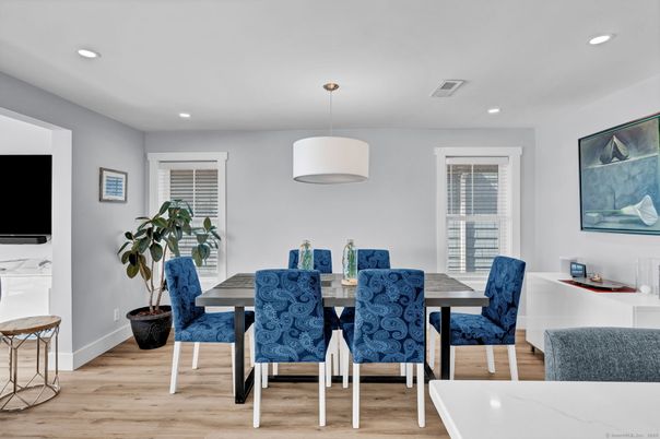 Dining room, Interior, Pendant Lights, Recessed Lighting, Wood Texture Flooring