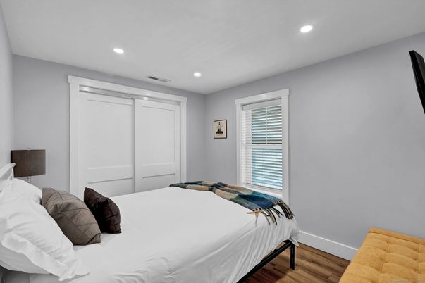 Bedroom, Interior, Recessed Lighting, Wood Texture Flooring