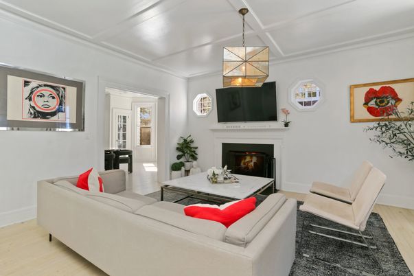 Fireplace, Interior, Living room, Pendant Lights, Wood Texture Flooring