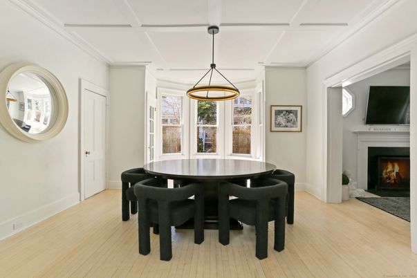 Dining room, Fireplace, Interior, Pendant Lights, Wood Texture Flooring