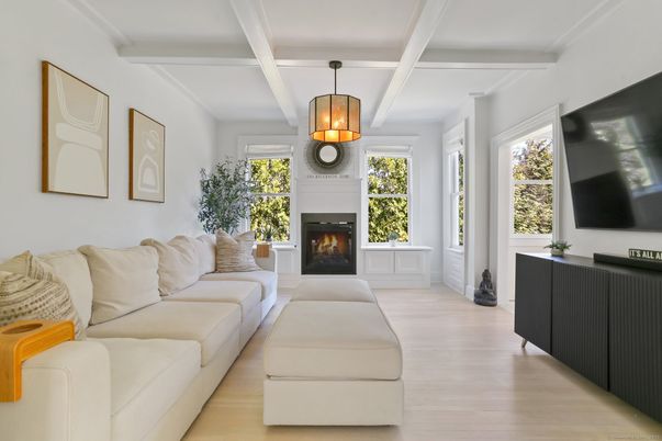 Fireplace, Interior, Living room, Pendant Lights, Wood Texture Flooring