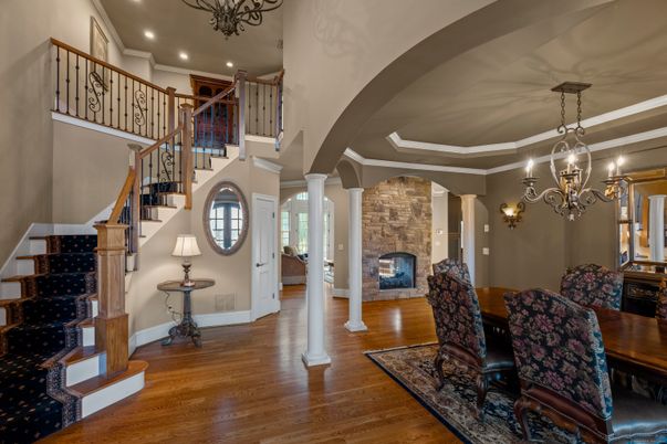 Chandelier, Dining room, Fireplace, Interior, Recessed Lighting, Wood Texture Flooring