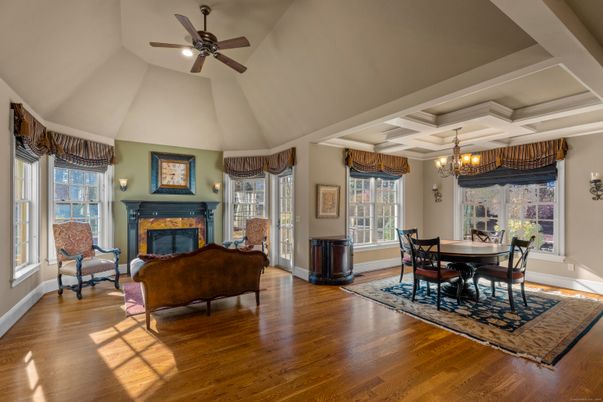Chandelier, Dining room, Fireplace, Interior, Living room, Wood Texture Flooring