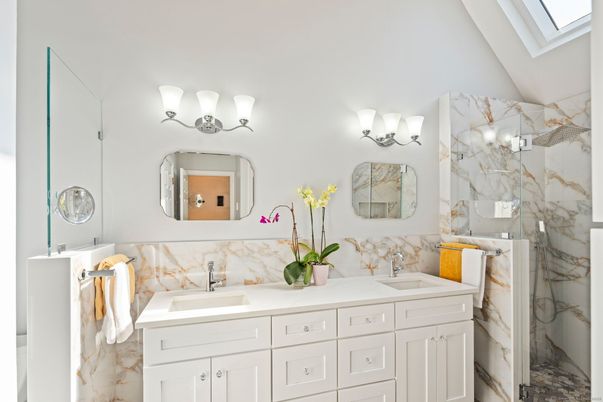 Bathroom, Dual Sink Vanities, Interior, Marble Walls