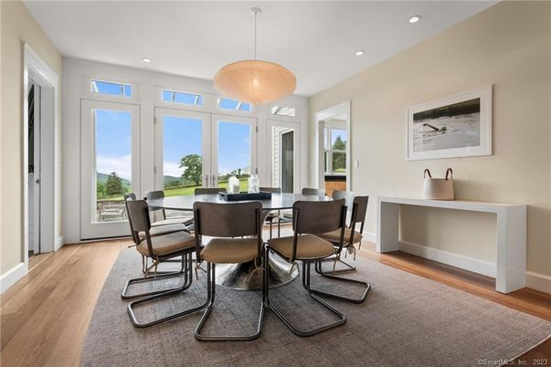 Dining room, Interior, Pendant Lights, Recessed Lighting, Wood Texture Flooring