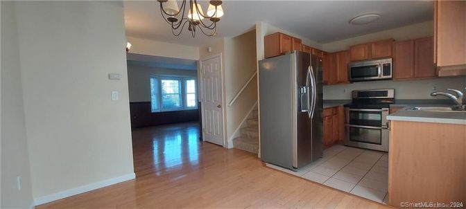 Chandelier, Interior, Kitchen, Stainless Steel Appliances, Wood Texture Flooring