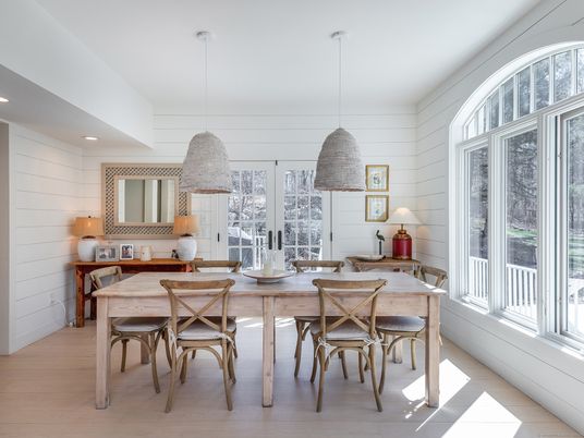 Dining room, Interior, Pendant Lights, Recessed Lighting, Wood Texture Flooring