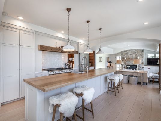 Interior, Kitchen, Pendant Lights, Recessed Lighting, Stainless Steel Appliances, Stone Walls, Wood Texture Flooring