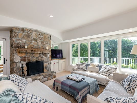 Fireplace, Interior, Living room, Recessed Lighting, Stone Walls