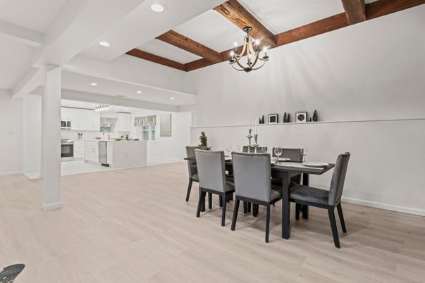 Chandelier, Dining room, Interior, Kitchen, Recessed Lighting, Wooden Beams, Wood Texture Flooring