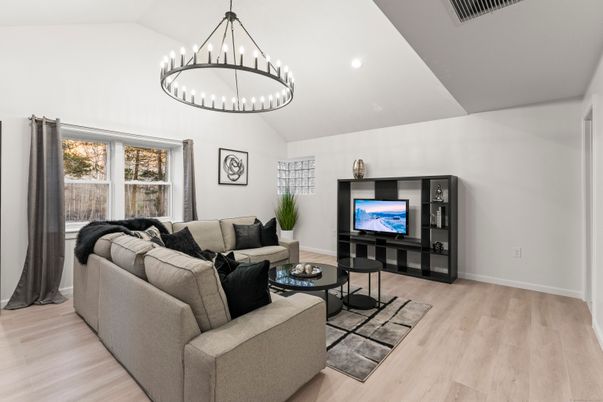 Chandelier, Interior, Living room, Recessed Lighting, Wood Texture Flooring