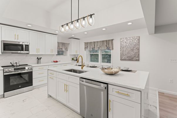 Interior, Kitchen, Marble, Pendant Lights, Recessed Lighting, Stainless Steel Appliances