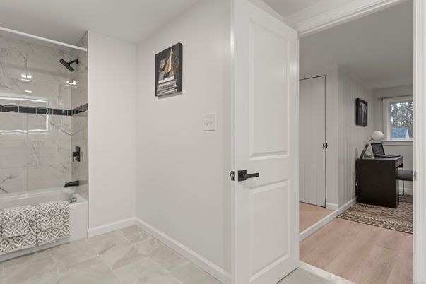 Bathroom, Glass Shower, Interior, Marble Walls, Wood Texture Flooring