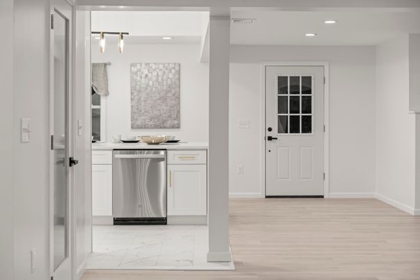 Interior, Kitchen, Marble, Recessed Lighting, Stainless Steel Appliances, Wood Texture Flooring