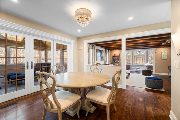 Chandelier, Dining room, Interior, Living room, Recessed Lighting, Wooden Beams, Wood Texture Flooring