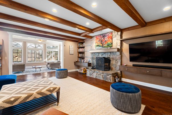Fireplace, Interior, Living room, Recessed Lighting, Stone Walls, Wooden Beams, Wood Texture Flooring