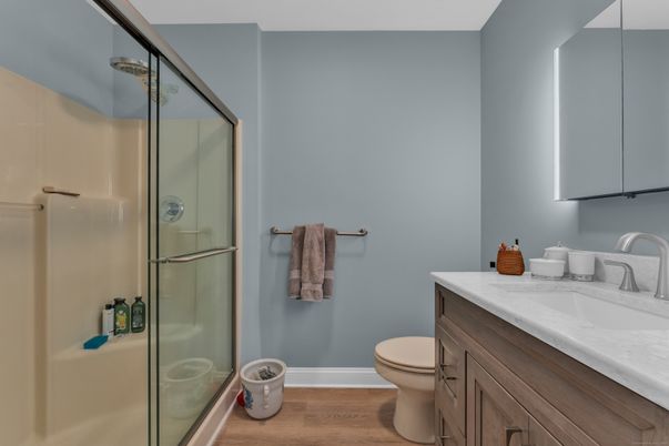Bathroom, Glass Shower, Interior, Wood Texture Flooring