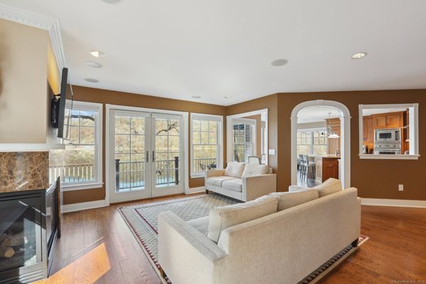 Fireplace, Interior, Living room, Recessed Lighting, Wood Texture Flooring