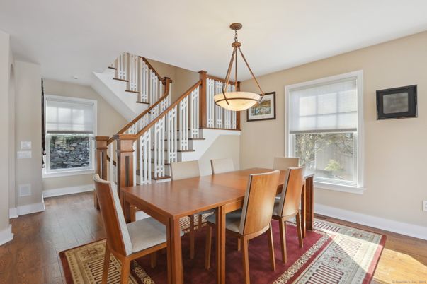 Dining room, Interior, Pendant Lights, Wood Texture Flooring