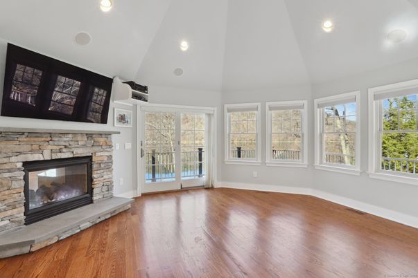 Empty room, Fireplace, Interior, Recessed Lighting, Wood Texture Flooring