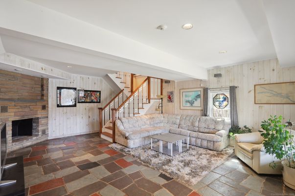 Fireplace, Interior, Living room, Recessed Lighting, Stone Walls, Wooden Walls